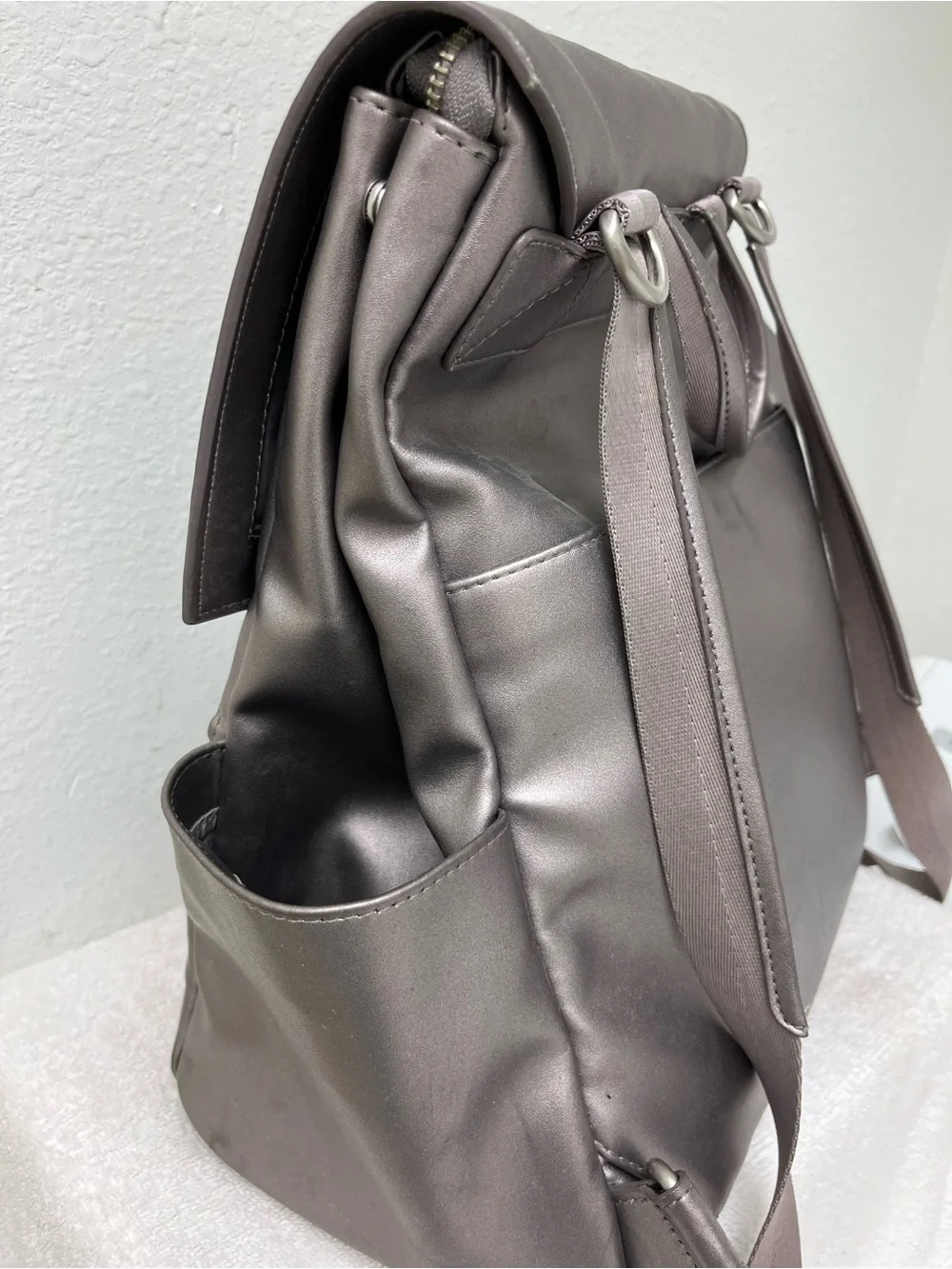 Freshly Picked Metallic Silver Solid Backpack Diaper Bag w/ Changing Pad, Straps